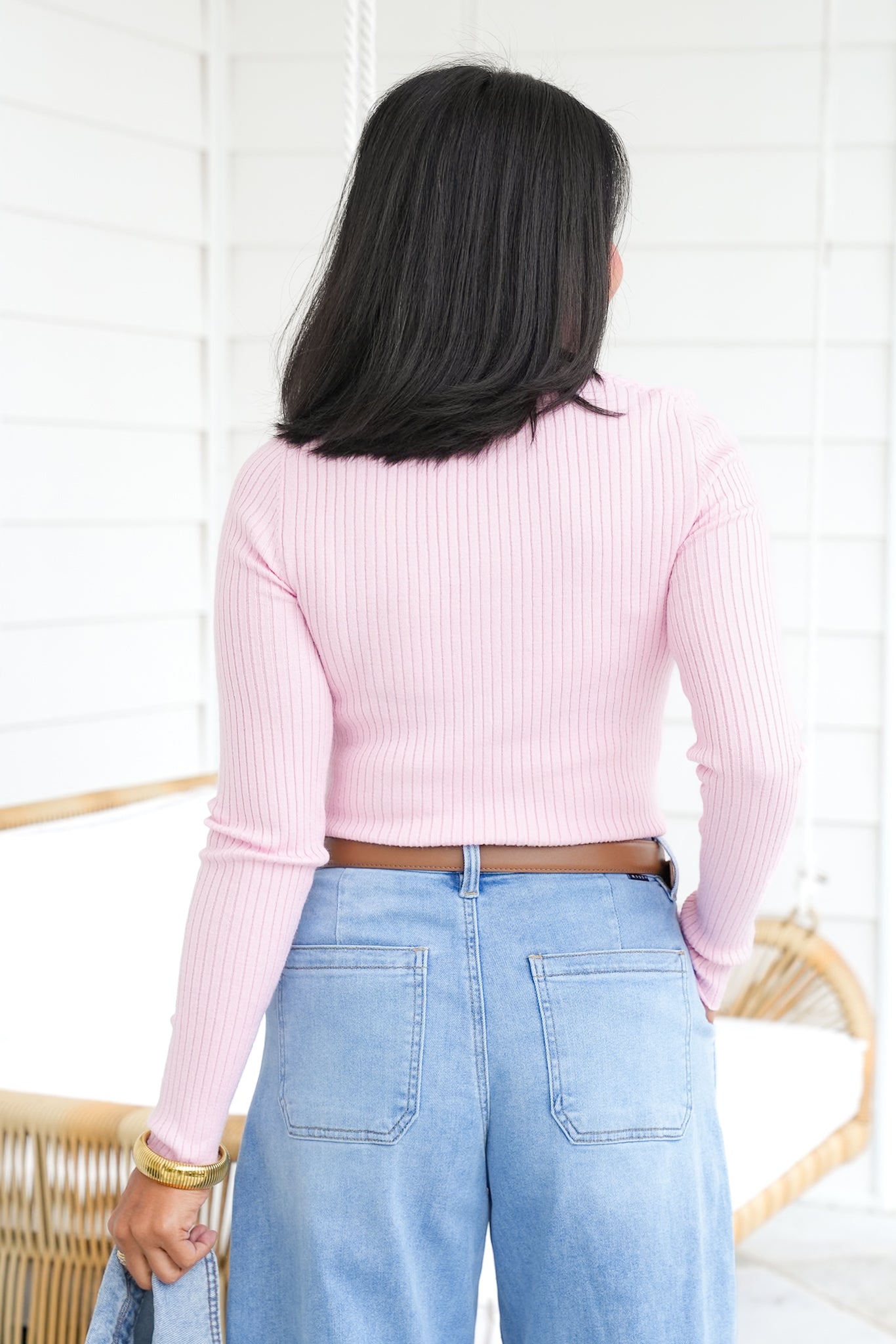 Ribbed Knit Long Sleeve Crew Neck Top