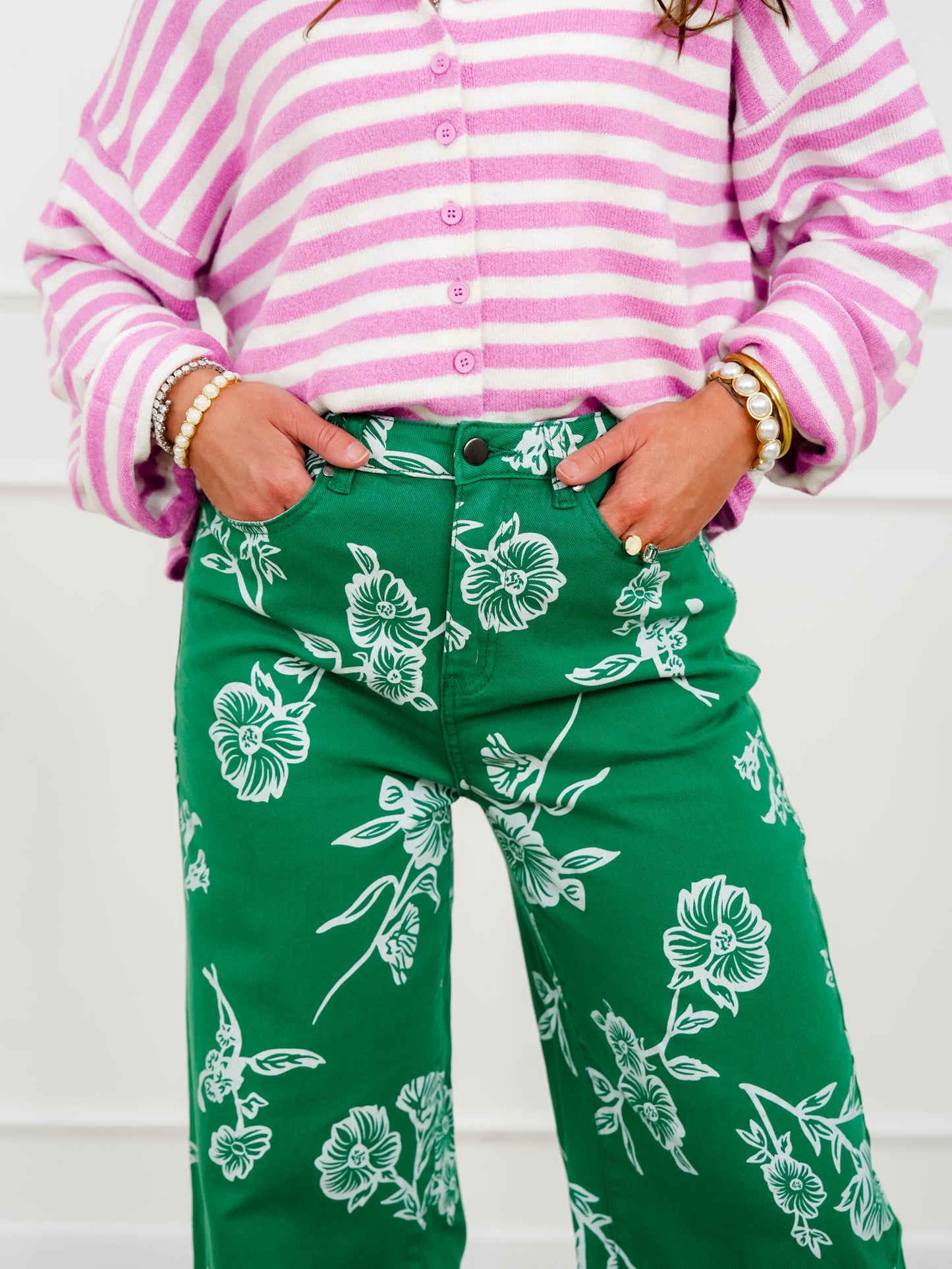 Green Floral Print High Waist Twill Pants