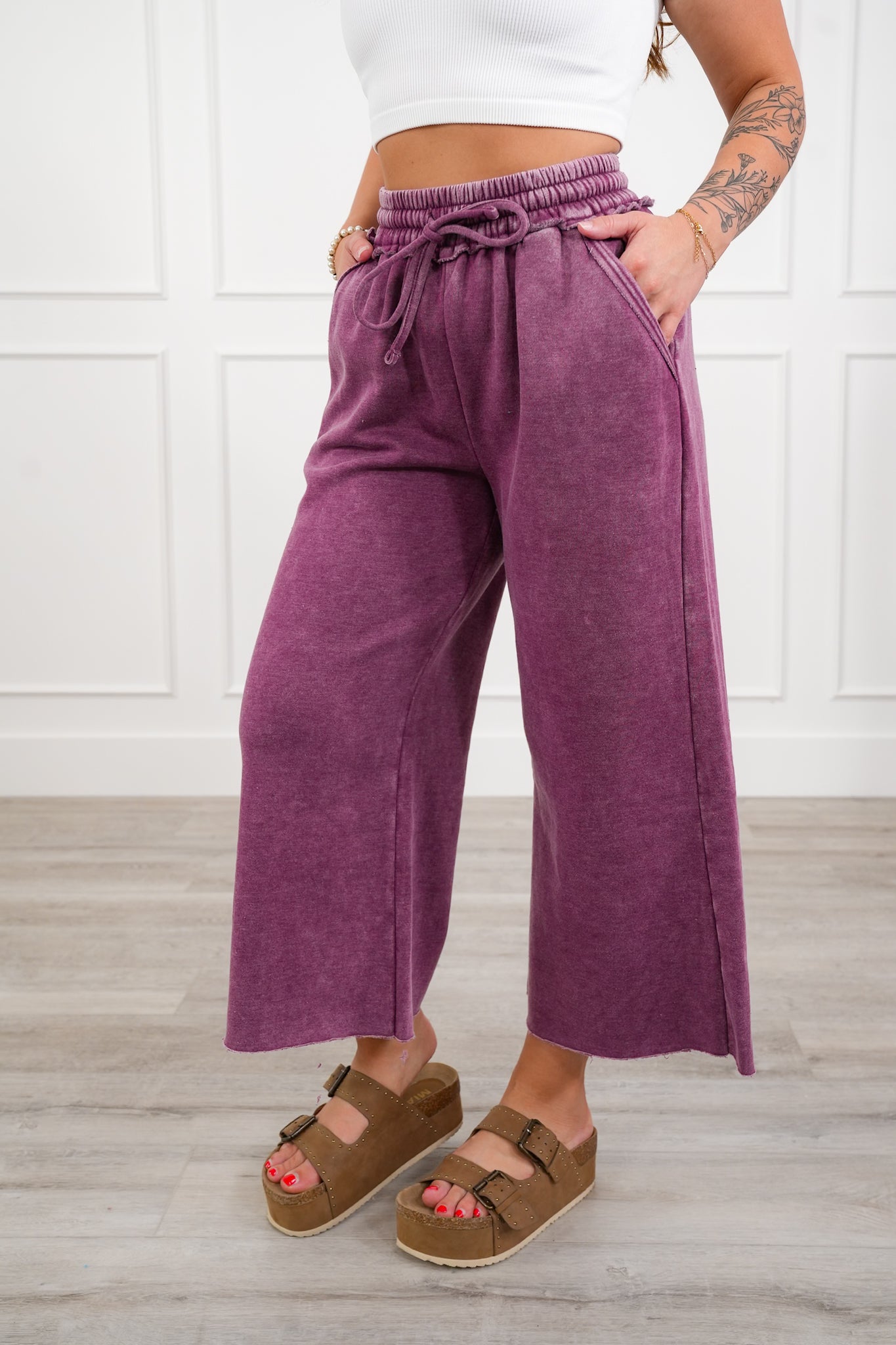 Door Buster! Plus/Reg Zenana Acid Wash Fleece Palazzo Sweatpants with Pockets