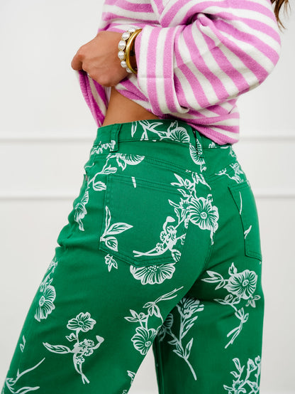 Green Floral Print High Waist Twill Pants