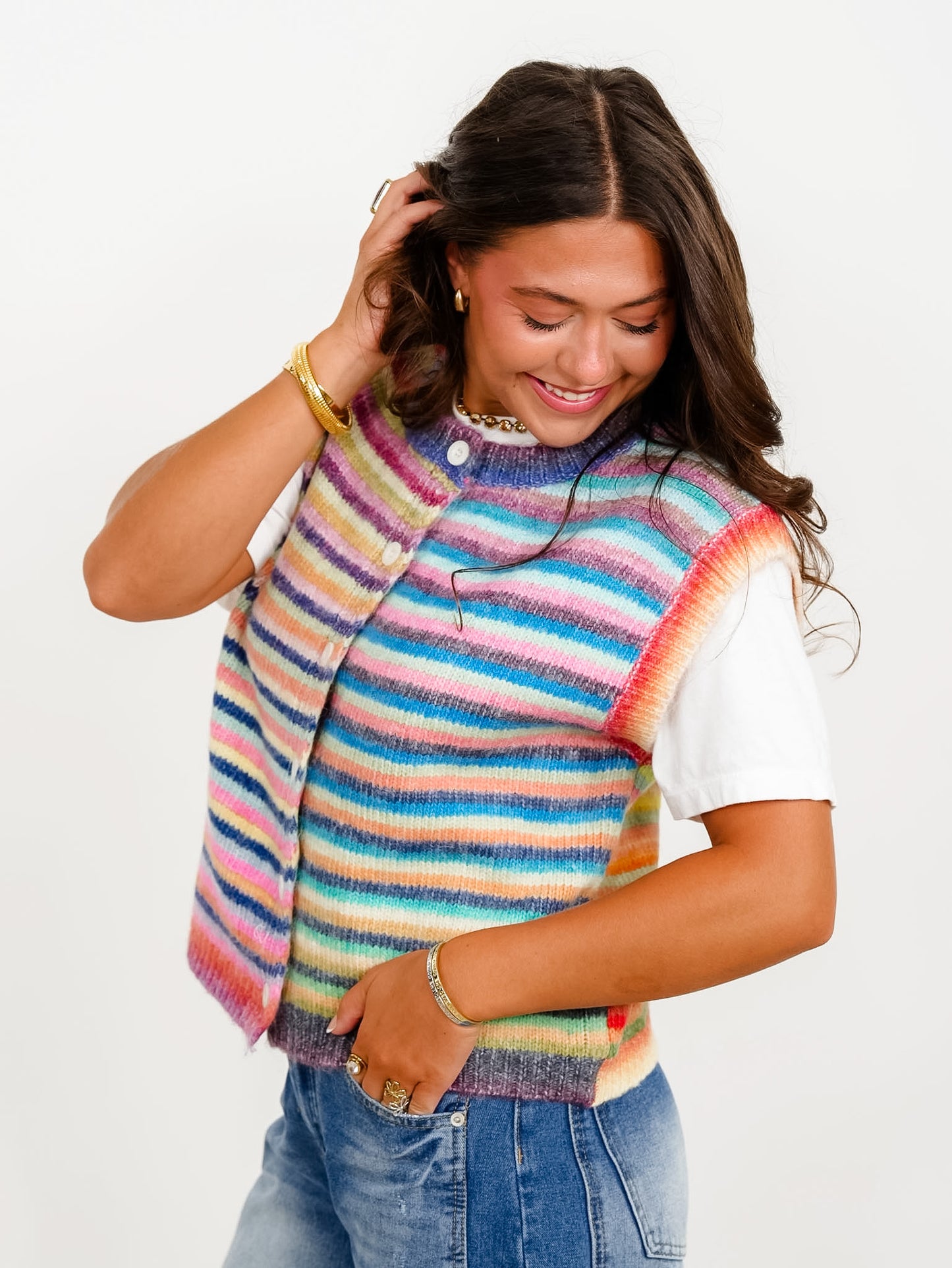 Rainbow Stripe Button Down Sweater Vest