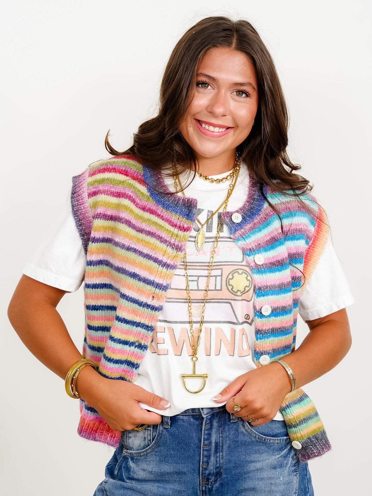 Rainbow Stripe Button Down Sweater Vest