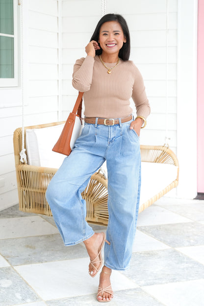 Ribbed Knit Long Sleeve Crew Neck Top
