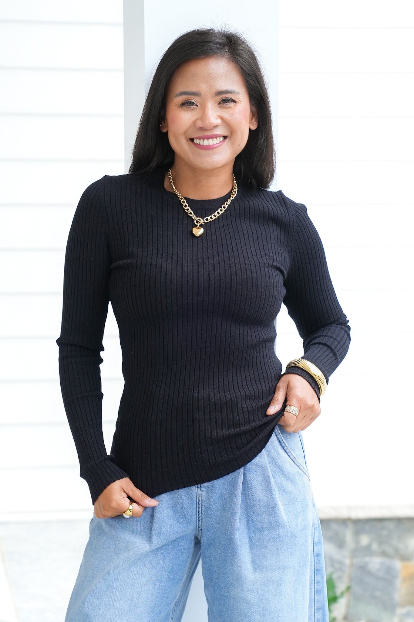 Ribbed Knit Long Sleeve Crew Neck Top