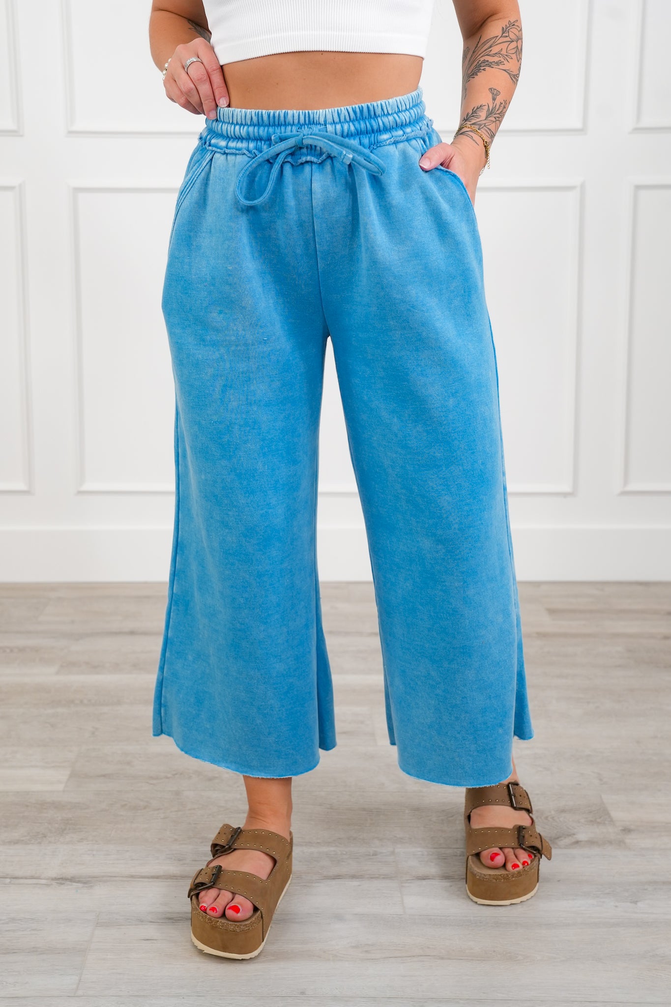 Door Buster! Plus/Reg Zenana Acid Wash Fleece Palazzo Sweatpants with Pockets