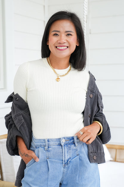 Ribbed Knit Long Sleeve Crew Neck Top