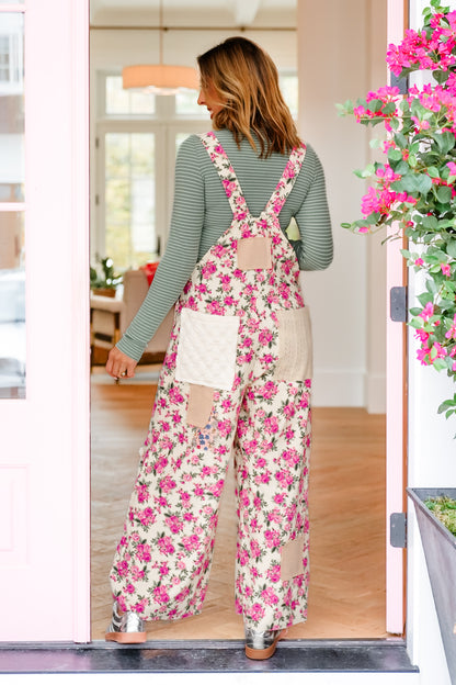 POL Cream Floral Print Overalls with Patchwork