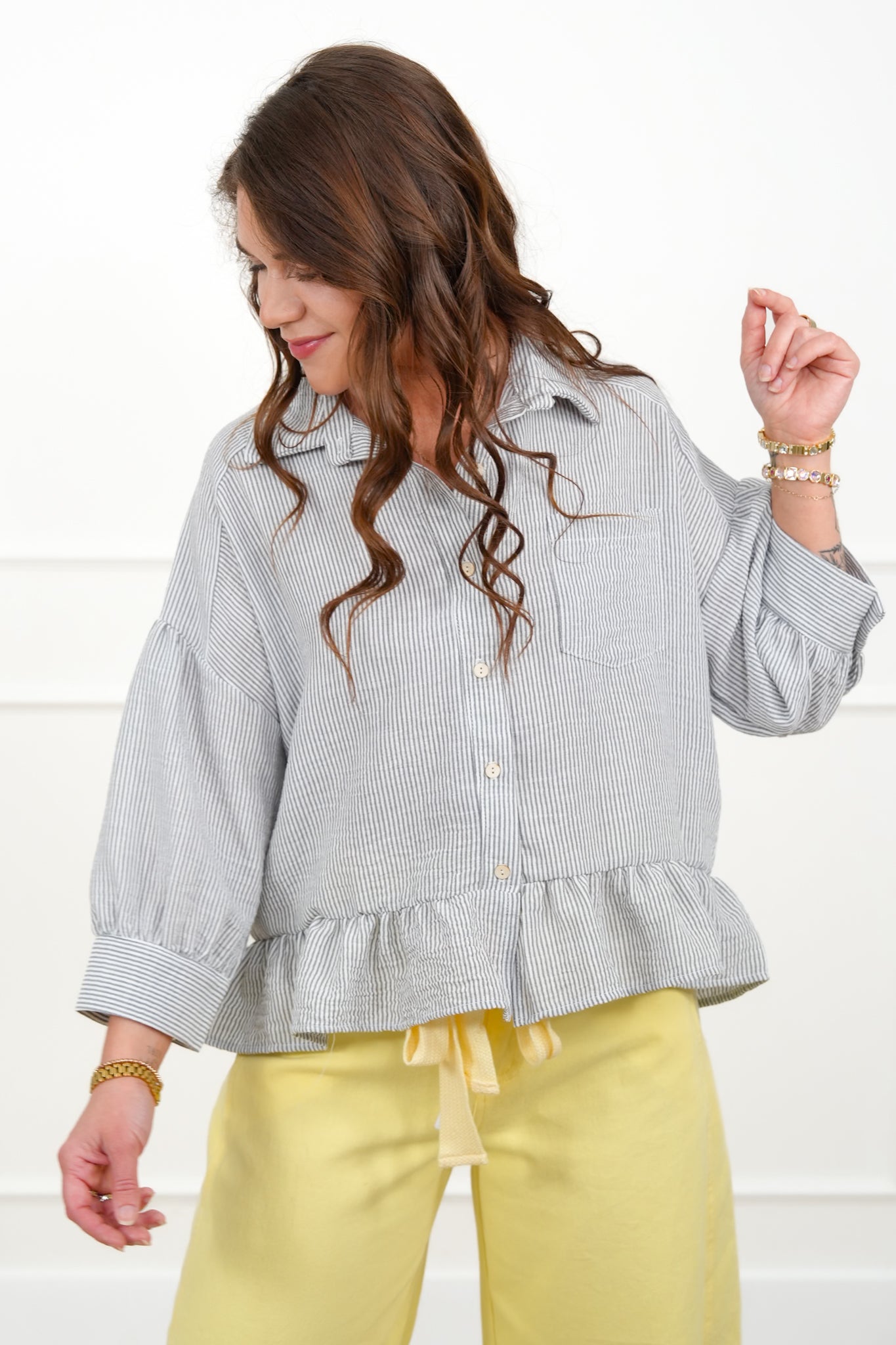 Plus/Reg Striped 3/4 Sleeve Button Up Top with Ruffle Hem