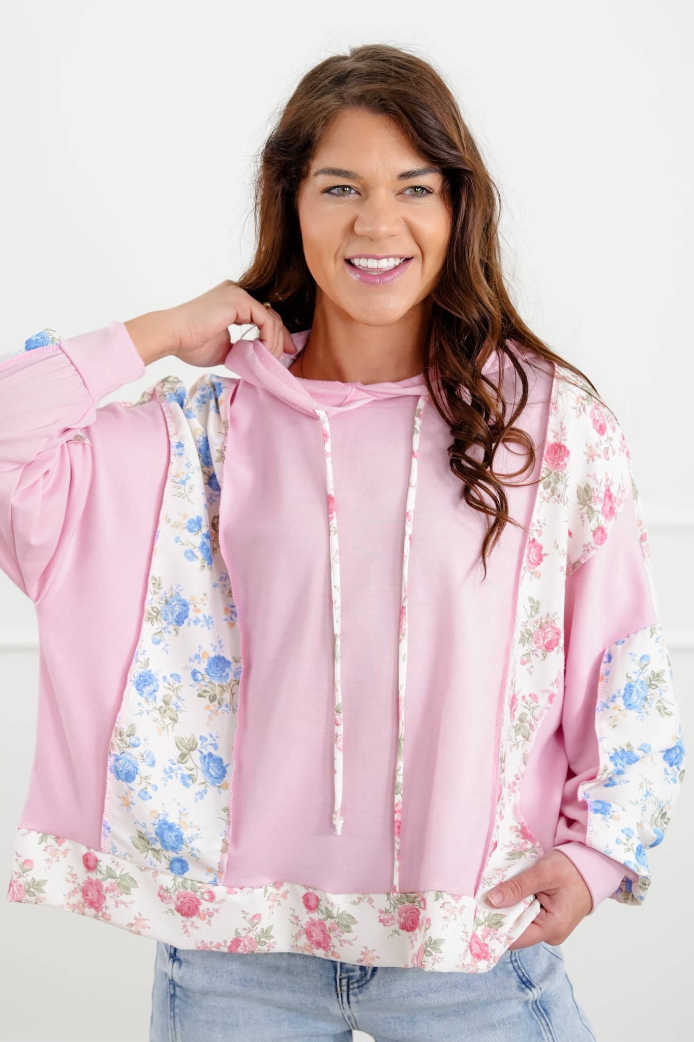 Plus/Reg Floral Color Block Long Sleeve Hooded Top