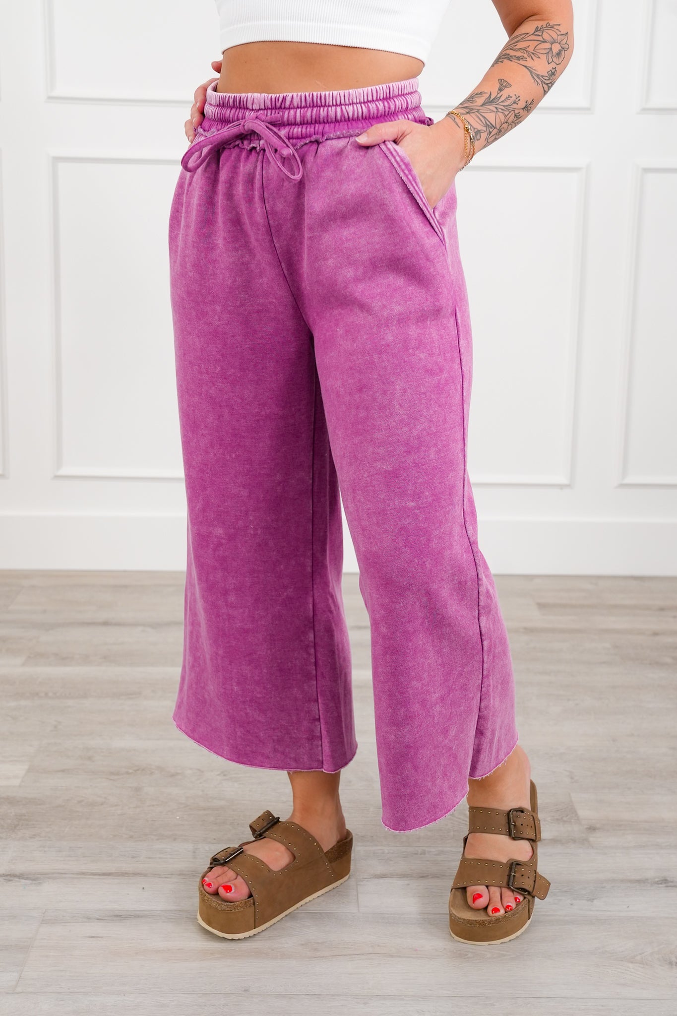 Door Buster! Plus/Reg Zenana Acid Wash Fleece Palazzo Sweatpants with Pockets