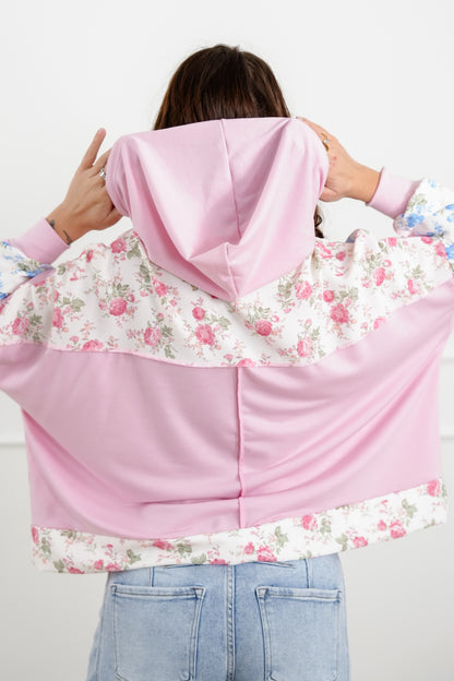 Plus/Reg Floral Color Block Long Sleeve Hooded Top