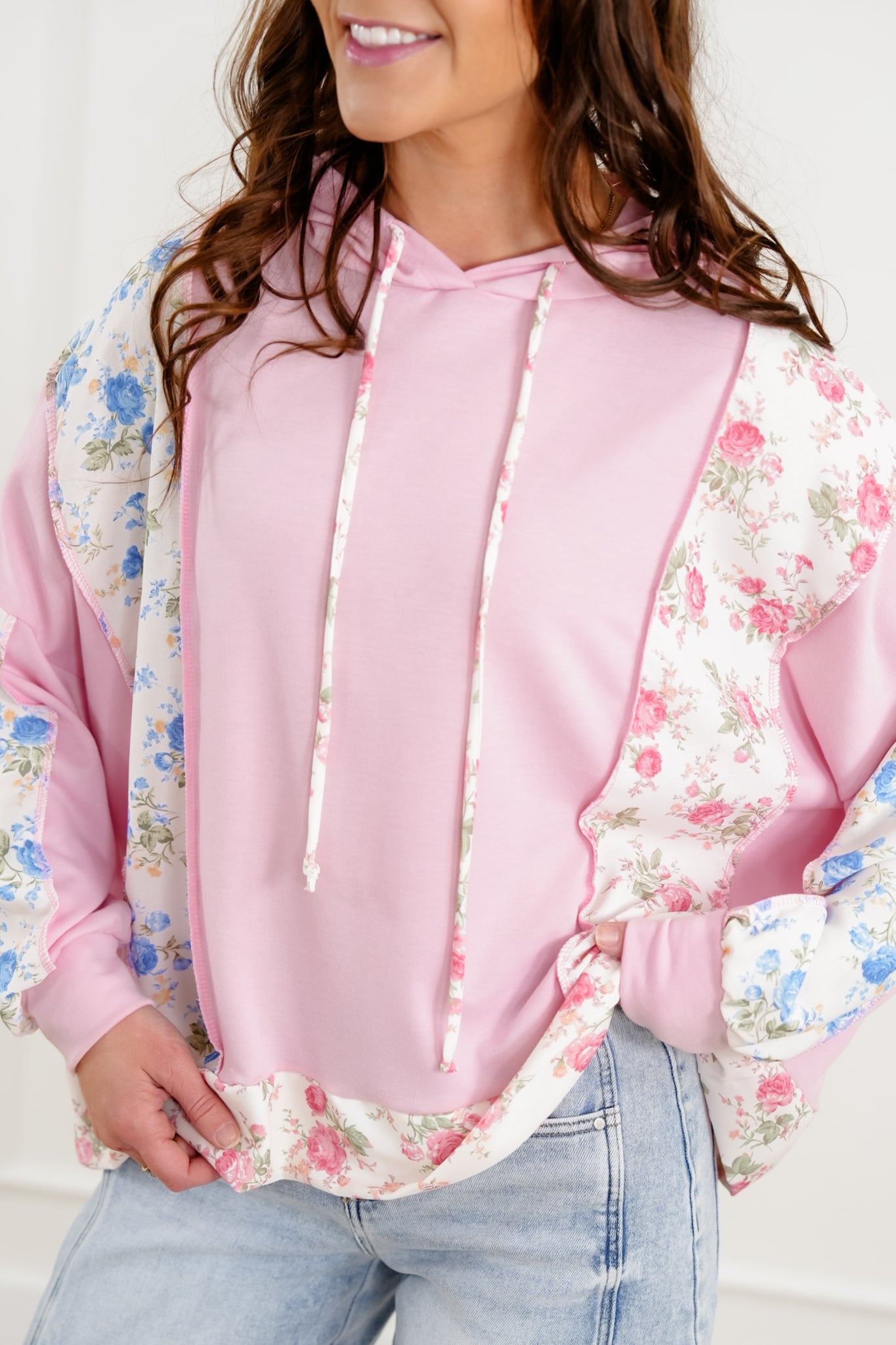 Plus/Reg Floral Color Block Long Sleeve Hooded Top