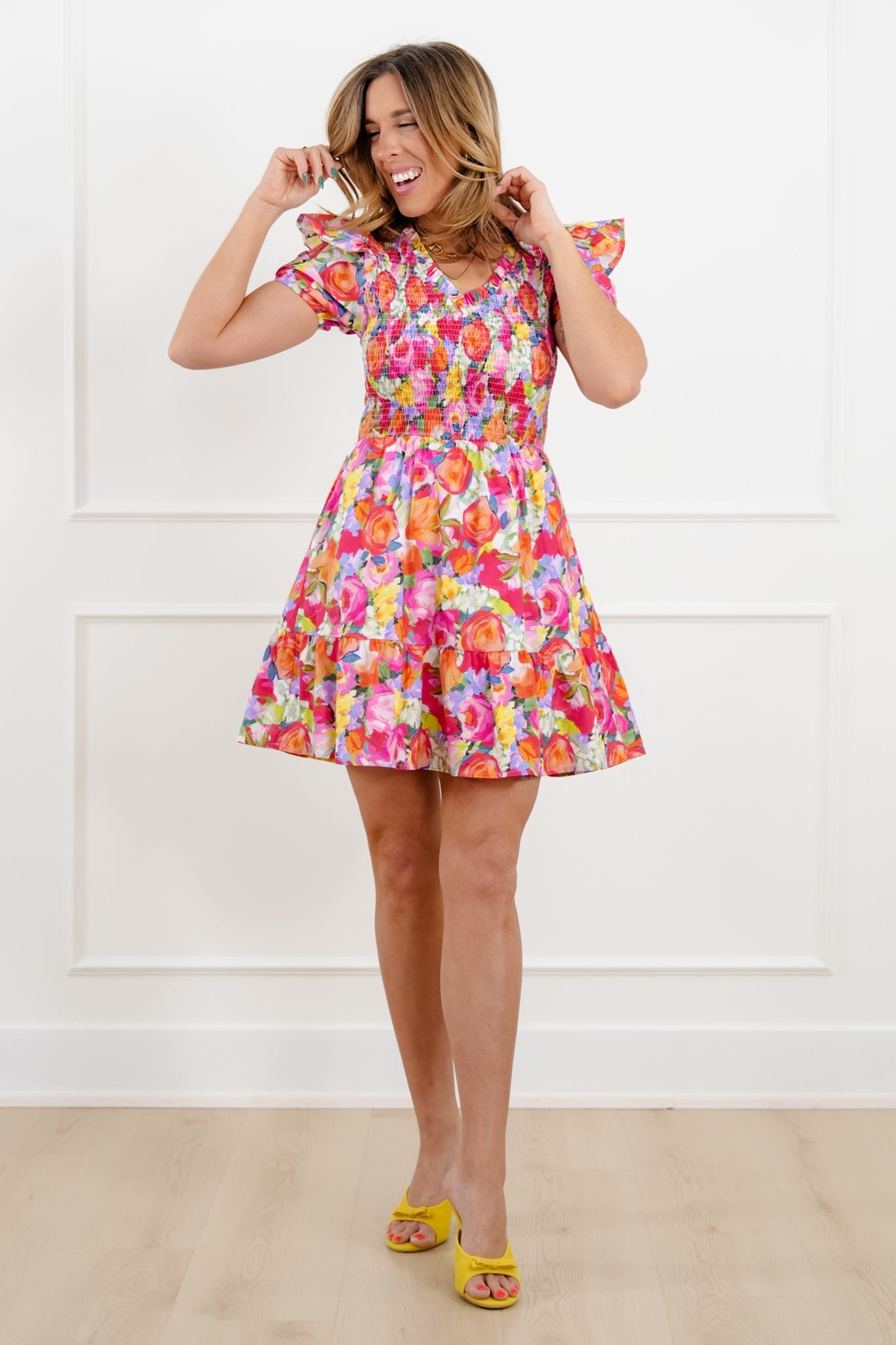 Floral Print Short Sleeve Mini Dress with Smocked Bodice