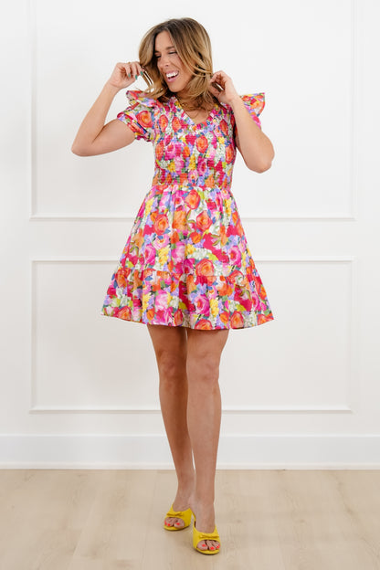 Floral Print Short Sleeve Mini Dress with Smocked Bodice