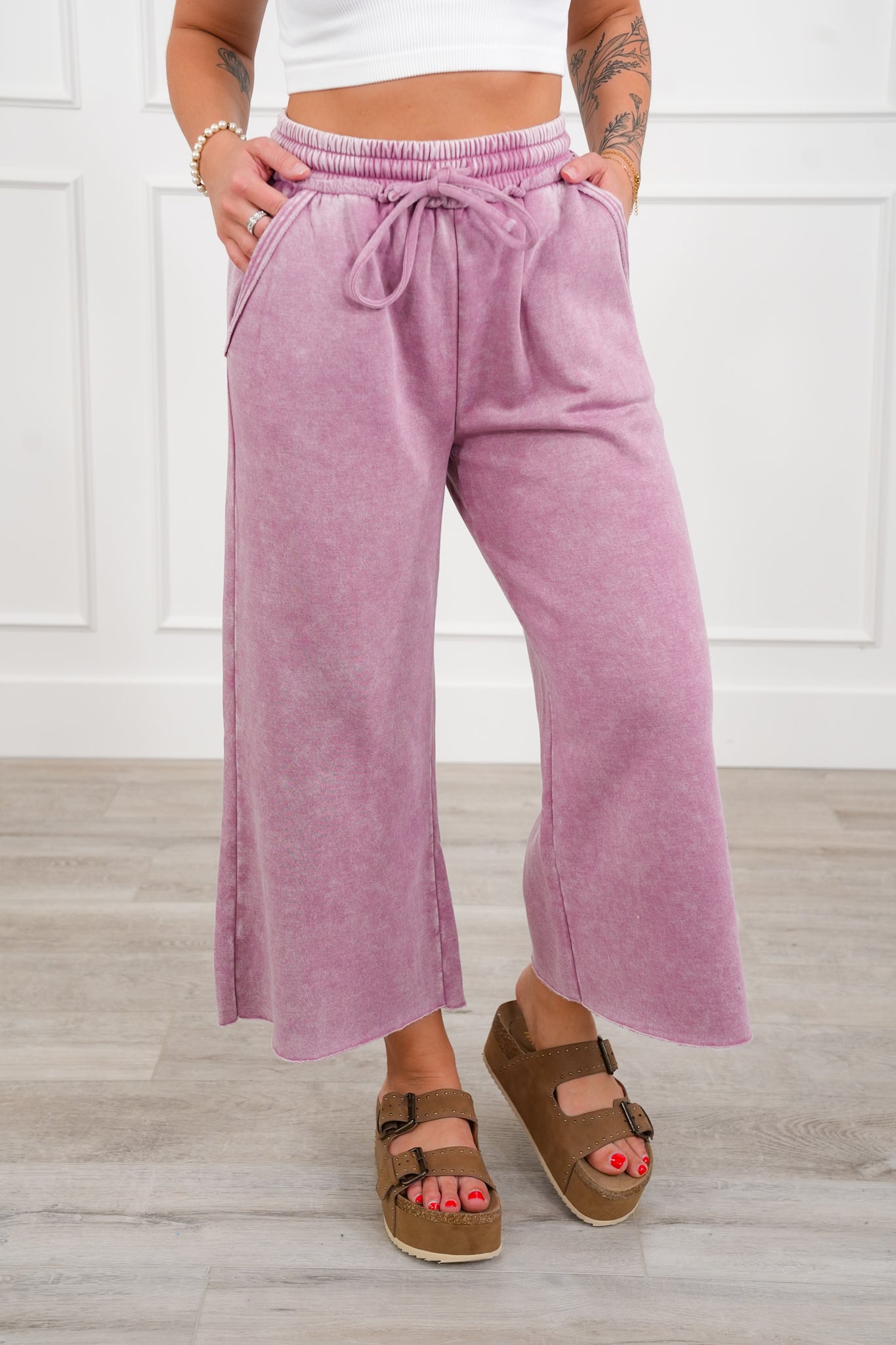 Door Buster! Plus/Reg Zenana Acid Wash Fleece Palazzo Sweatpants with Pockets