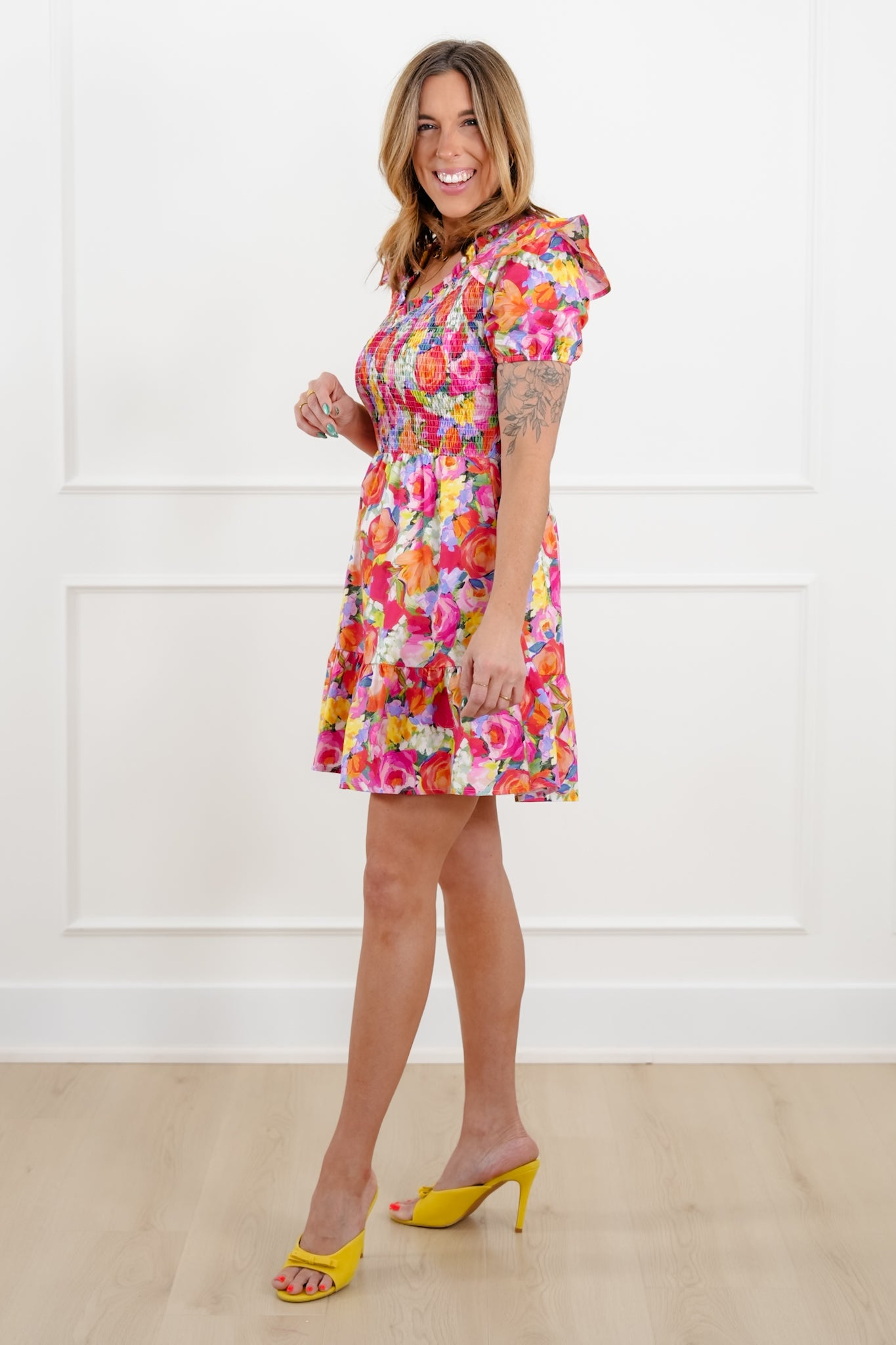 Floral Print Short Sleeve Mini Dress with Smocked Bodice