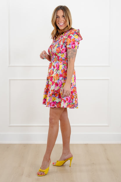 Floral Print Short Sleeve Mini Dress with Smocked Bodice