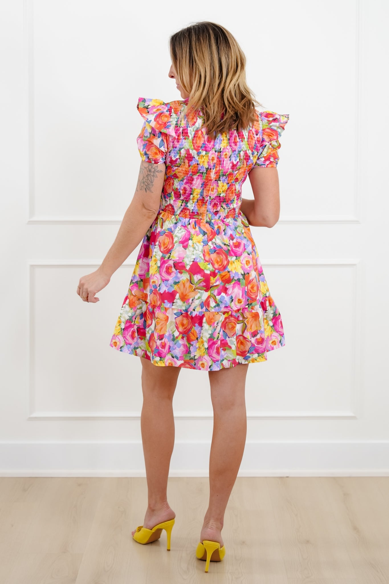 Floral Print Short Sleeve Mini Dress with Smocked Bodice