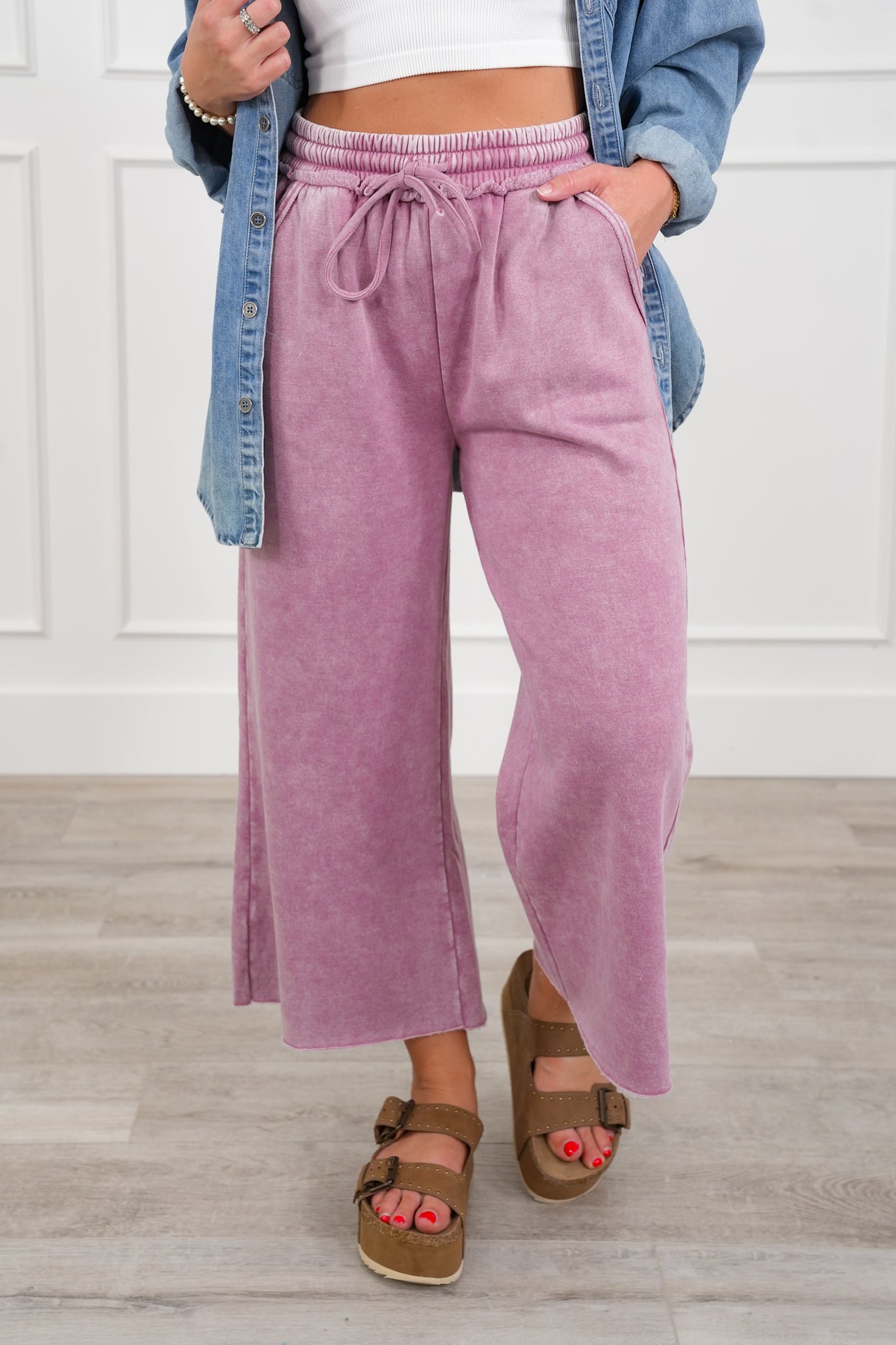 Door Buster! Plus/Reg Zenana Acid Wash Fleece Palazzo Sweatpants with Pockets