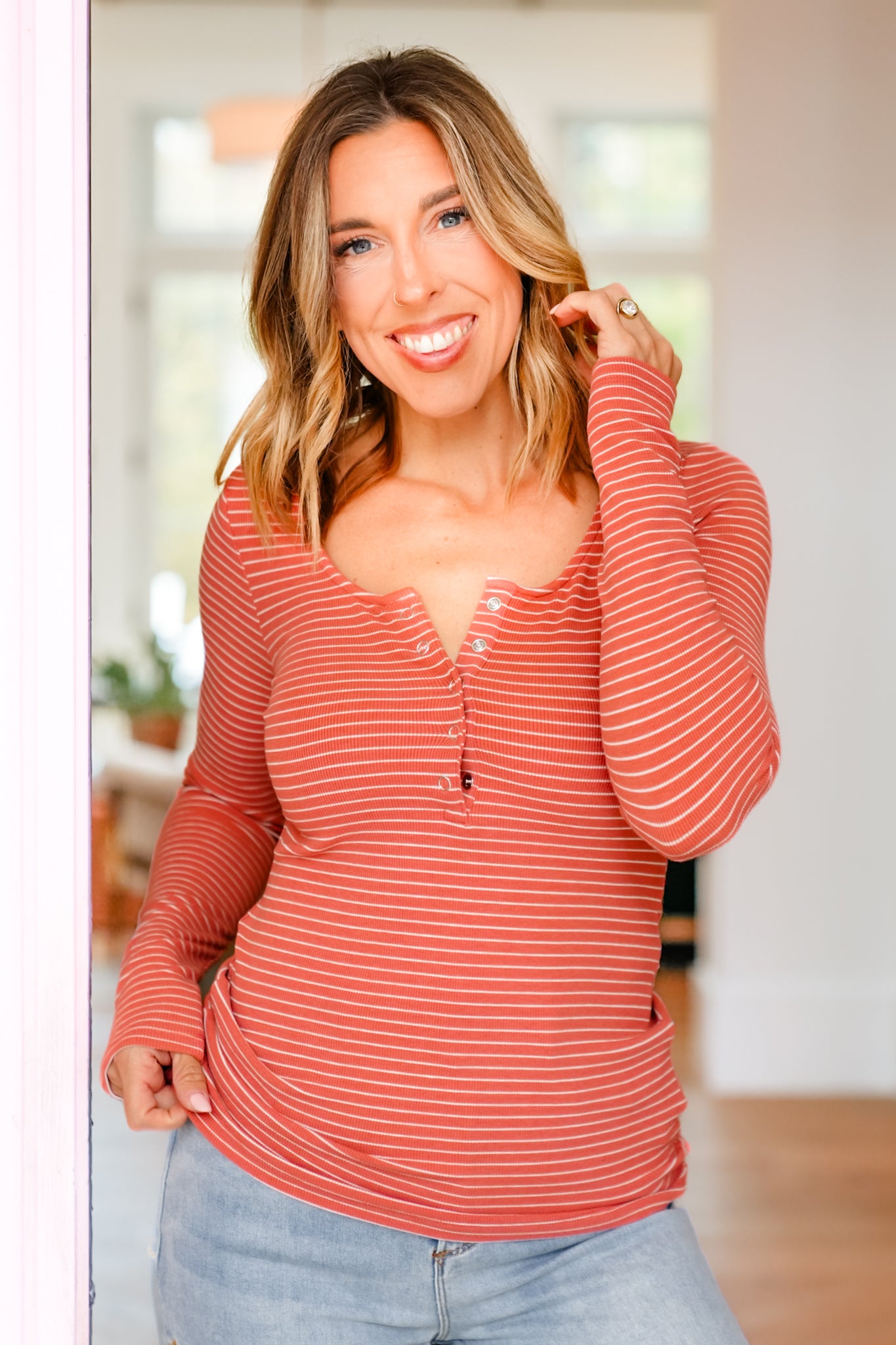 Plus/Reg Stripe Long Sleeve Henley Top