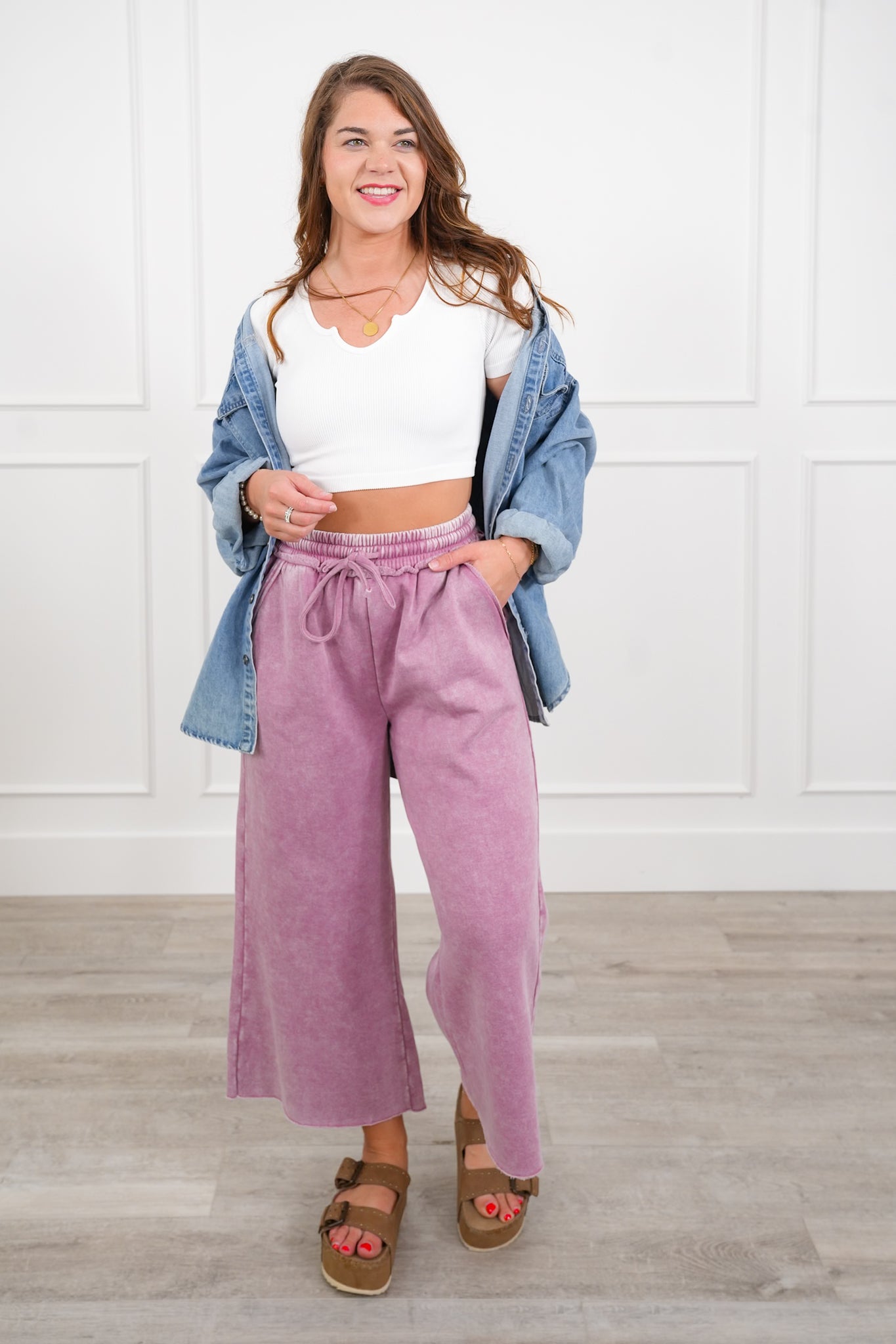 Door Buster! Plus/Reg Zenana Acid Wash Fleece Palazzo Sweatpants with Pockets