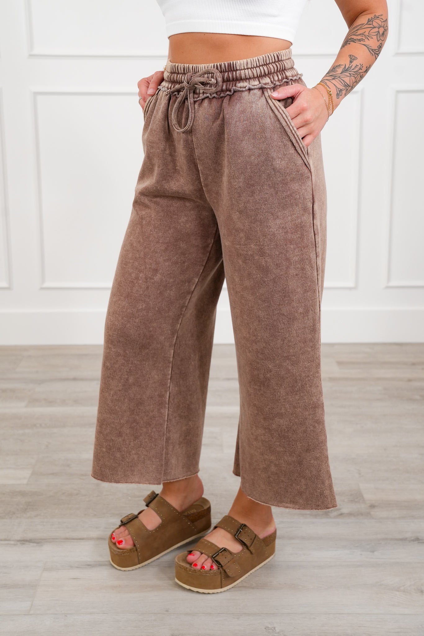 Door Buster! Plus/Reg Zenana Acid Wash Fleece Palazzo Sweatpants with Pockets