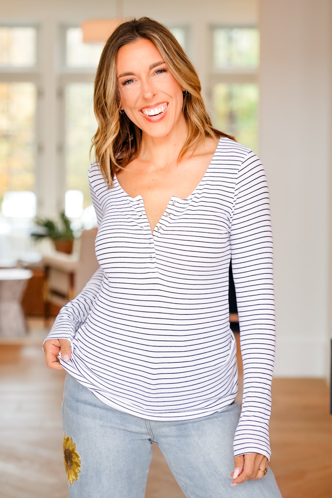 Plus/Reg Stripe Long Sleeve Henley Top