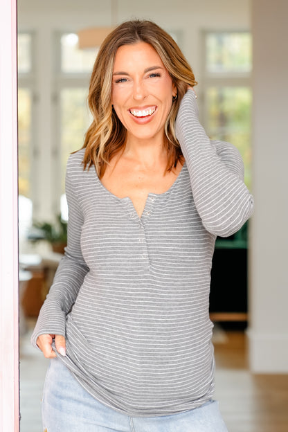 Plus/Reg Stripe Long Sleeve Henley Top
