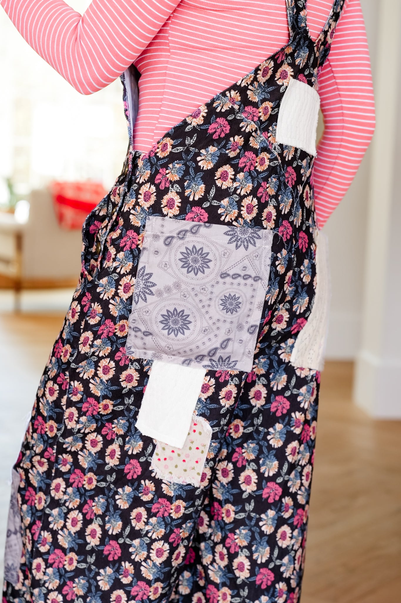 POL Floral Print Sleeveless Overalls with Patchwork