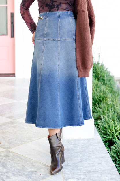 Medium Wash High Waisted Midi Skirt