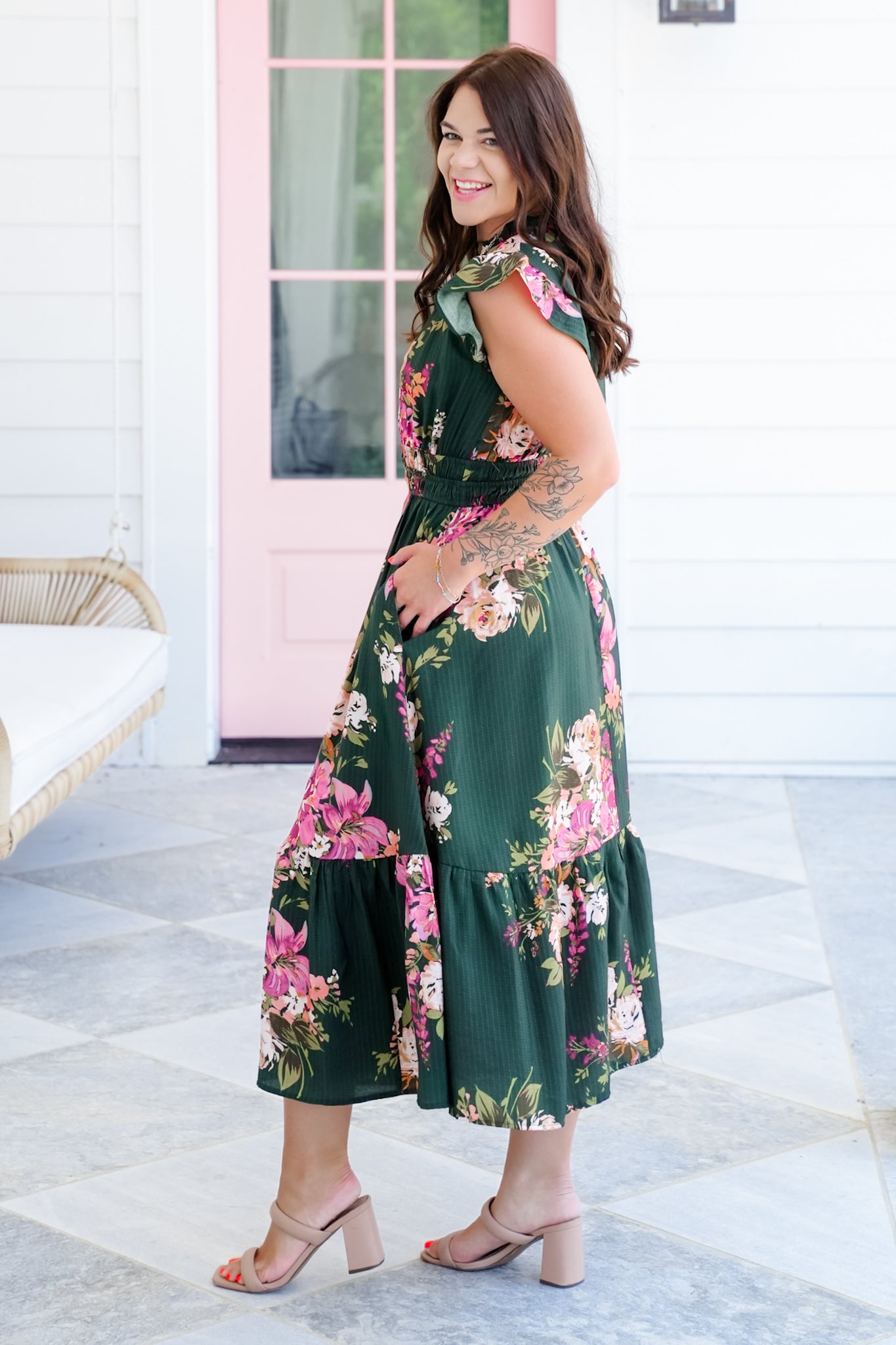 Plus/Reg Floral Flutter Sleeve Ruffle Neck Midi Dress