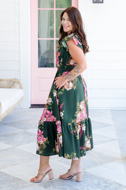 Plus/Reg Floral Flutter Sleeve Ruffle Neck Midi Dress