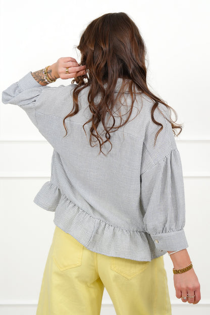 Plus/Reg Striped 3/4 Sleeve Button Up Top with Ruffle Hem