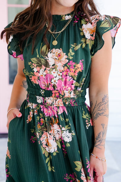 Plus/Reg Floral Flutter Sleeve Ruffle Neck Midi Dress