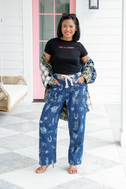 Western Print High Waist Jeans with Braided Belt Detail