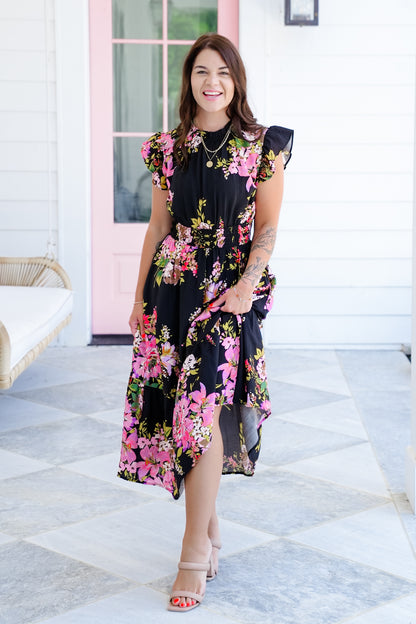 Plus/Reg Floral Flutter Sleeve Ruffle Neck Midi Dress