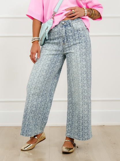 Floral Stripe Print High Waist Denim Pants