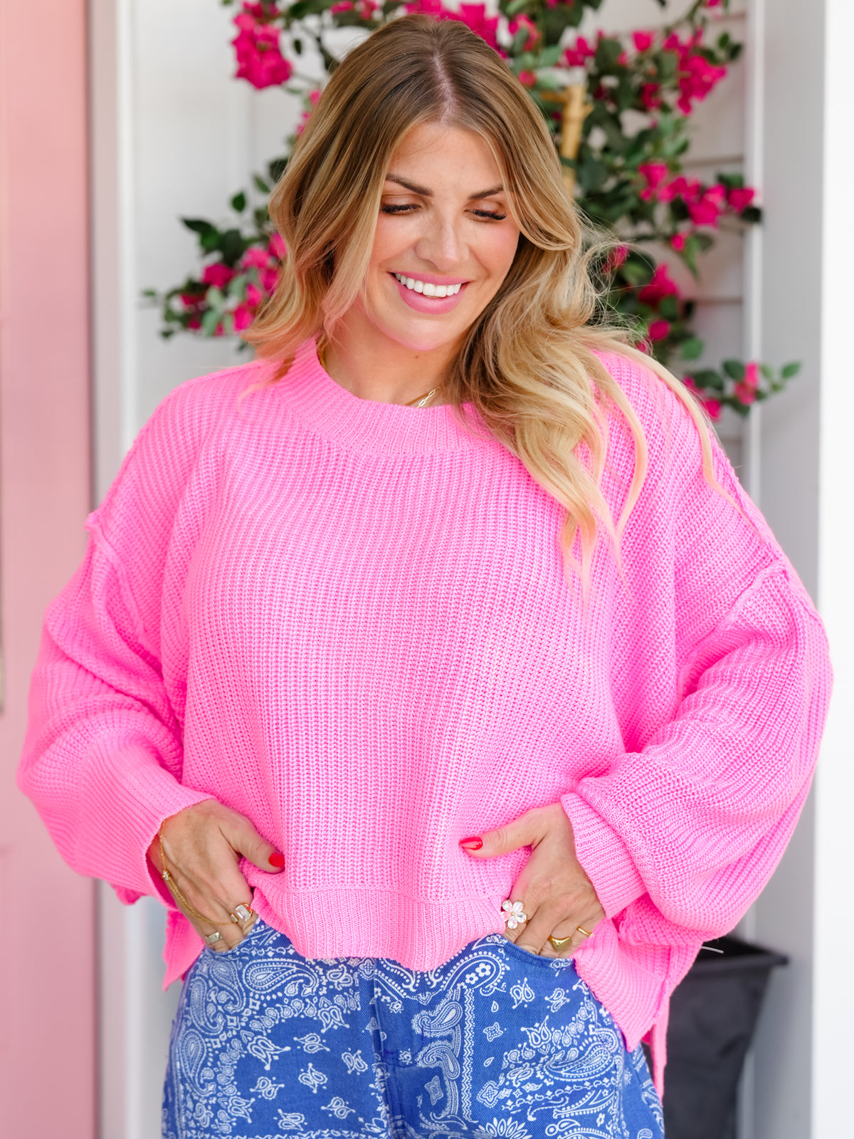 Long Dolman Sleeve Boat Neck Knit Sweater