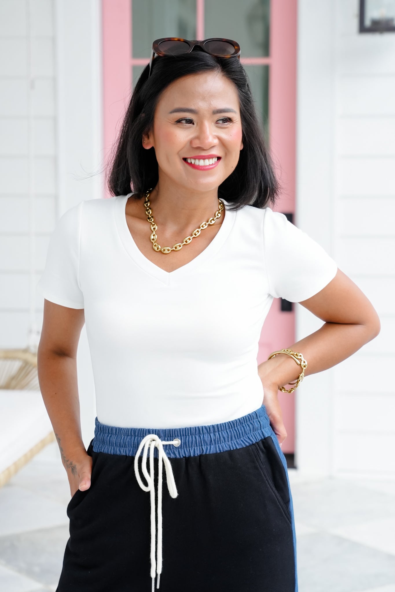 Solid Short Sleeve V-Neck Top
