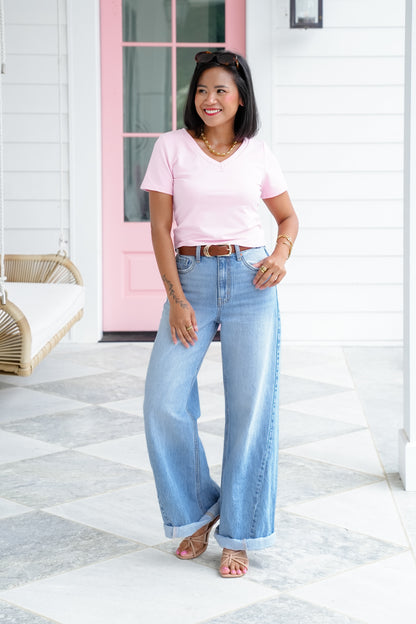 Solid Short Sleeve V-Neck Top