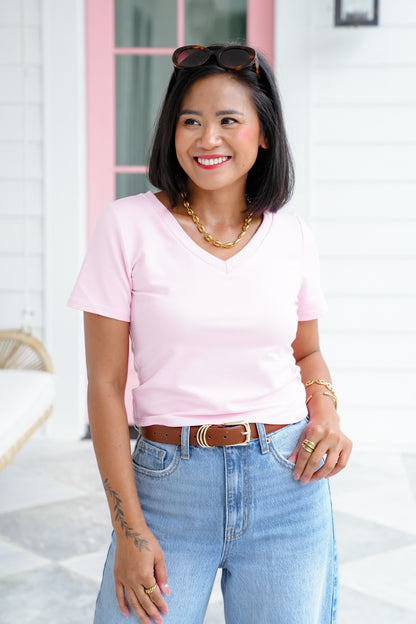 Solid Short Sleeve V-Neck Top