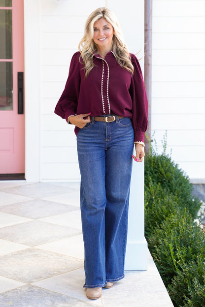 Long Sleeve Button Down Top with Blanket Stitch