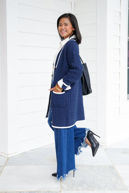 Embroidered Long Button Up Cardigan with Pockets