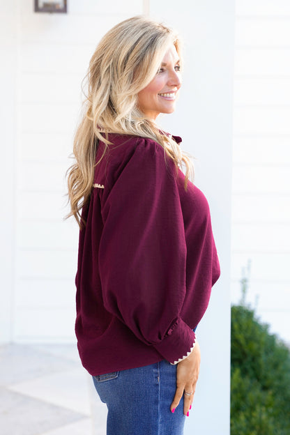 Long Sleeve Button Down Top with Blanket Stitch