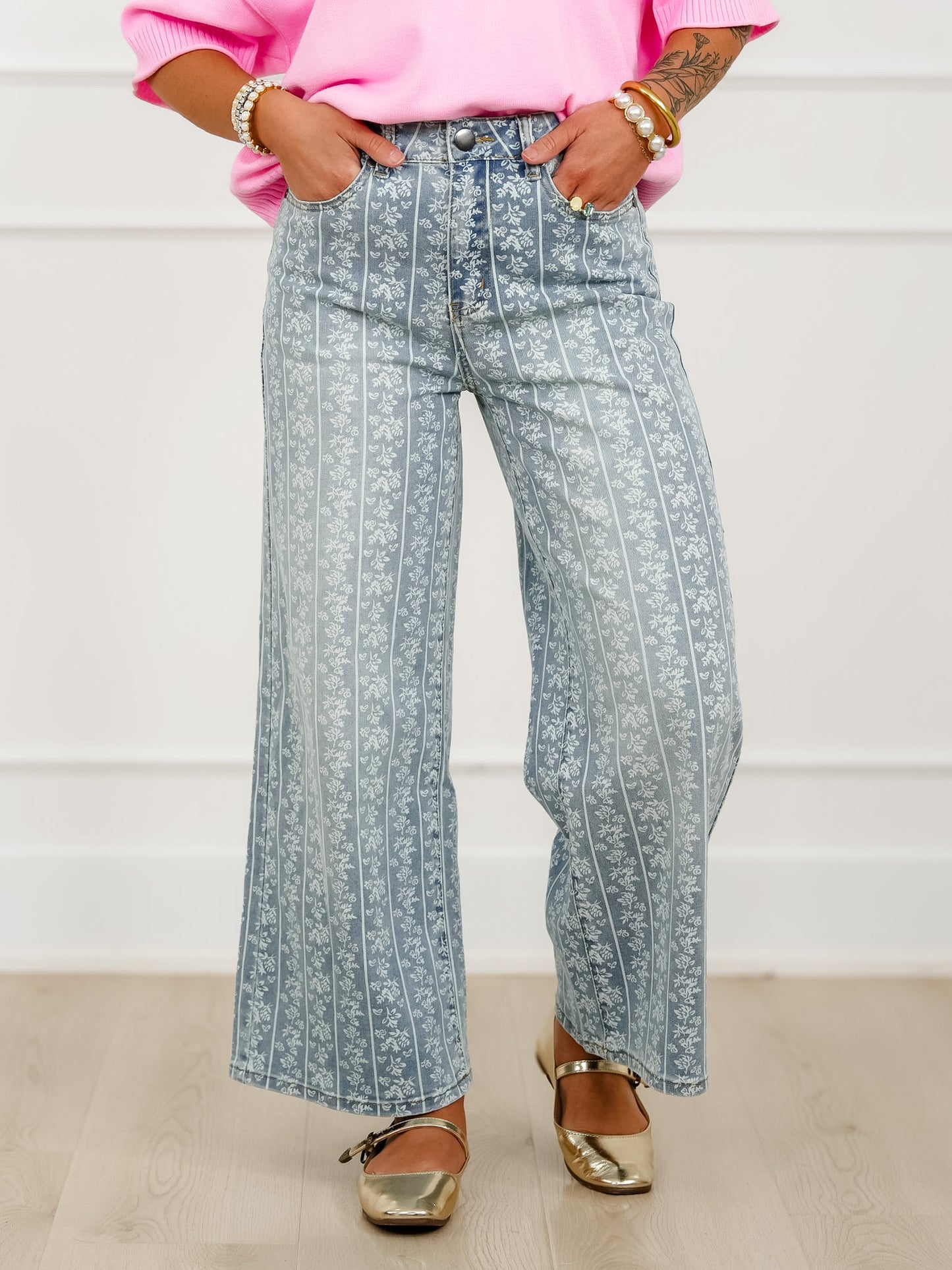 Floral Stripe Print High Waist Denim Pants