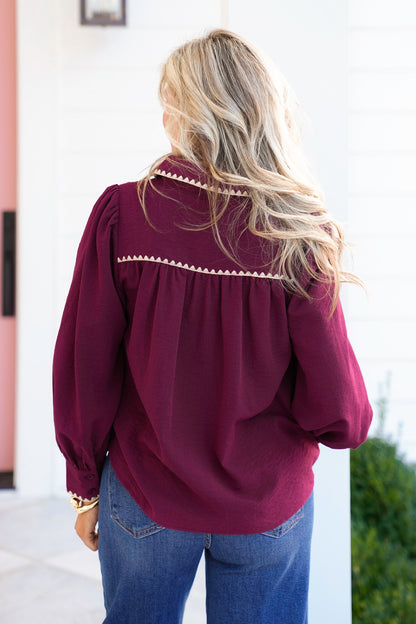 Long Sleeve Button Down Top with Blanket Stitch
