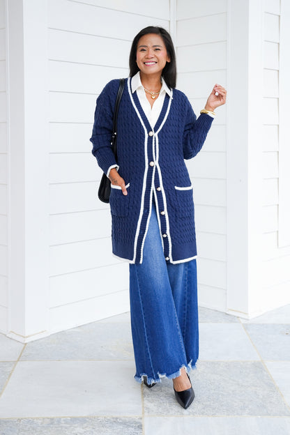 Embroidered Long Button Up Cardigan with Pockets