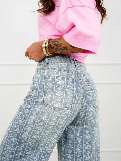 Floral Stripe Print High Waist Denim Pants