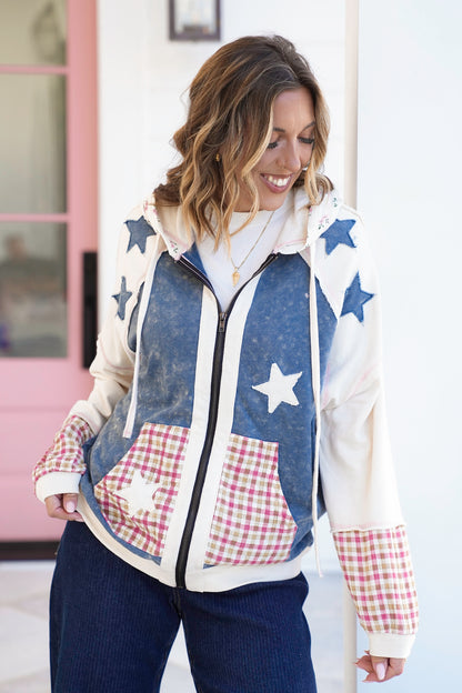 Color Block Long Sleeve Zip-Up Hoodie with Stars