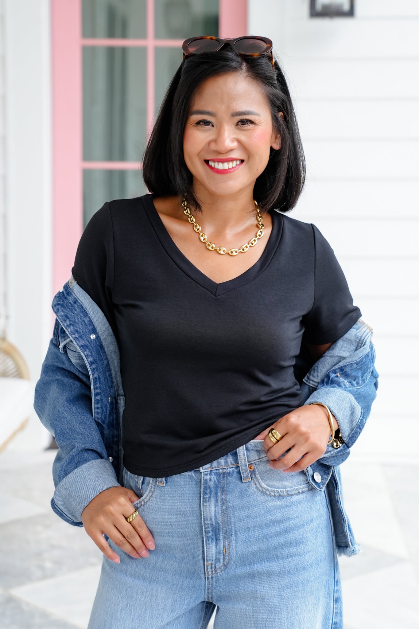 Solid Short Sleeve V-Neck Top